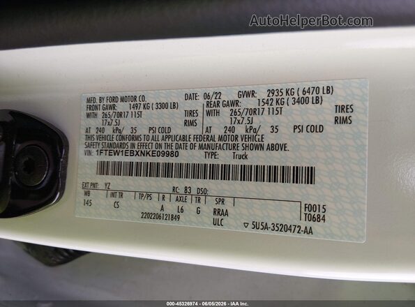 1FTEW1EBXNKE09980 2022 FORD F150 White Շարժիչի բաժամունքի տեսք