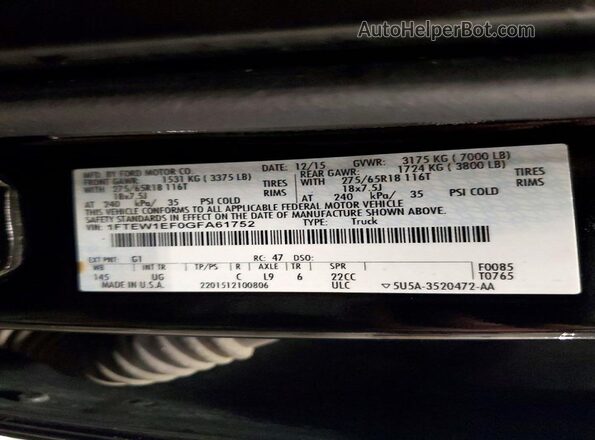 1FTEW1EF0GFA61752 2016 FORD F150 Black VIN sticker view