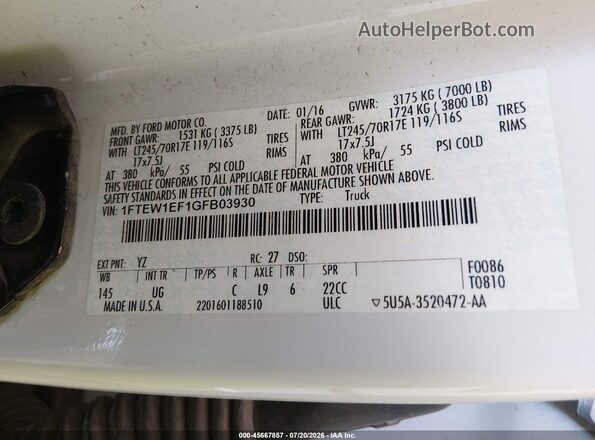 1FTEW1EF1GFB03930 2016 FORD F150 White Вид підкапотного простору