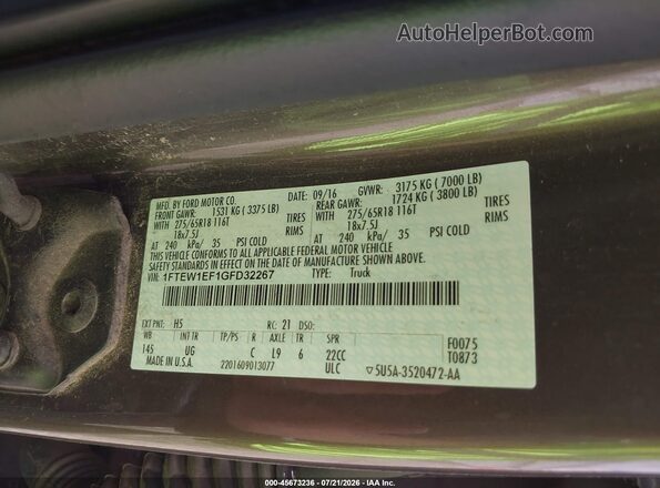 1FTEW1EF1GFD32267 2016 FORD F150 Green Շարժիչի բաժամունքի տեսք