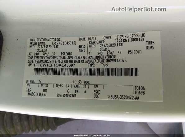1FTEW1EF1GKE43697 2016 FORD F150 White Vista del compartimento del motor