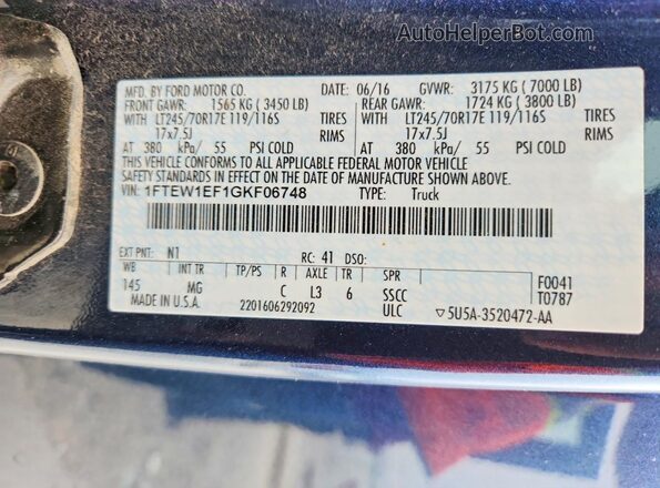 1FTEW1EF1GKF06748 2016 FORD F150 Blue Vista del compartimento del motor