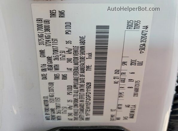 1FTEW1EF2GFD11928 2016 FORD F150 White Вид підкапотного простору