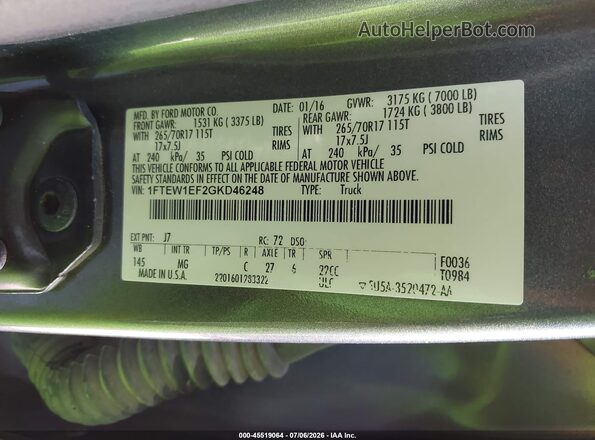 1FTEW1EF2GKD46248 2016 FORD F150 Серый Вид подкапотного пространства