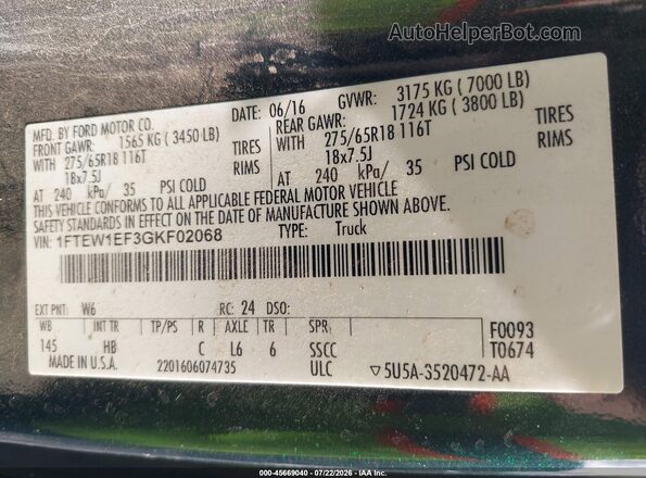 1FTEW1EF3GKF02068 2016 FORD F150 Green Vista del compartimento del motor