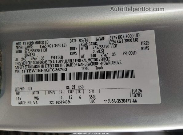 1FTEW1EF4GFC36763 2016 FORD F150 Silver ძრავის განყოფილების ხედი