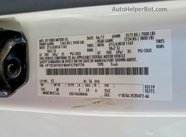 1FTEW1EF8HFC76779 2017 FORD F150 Белый Вид подкапотного пространства