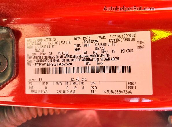 1FTEW1EF9GFA62320 2016 FORD F150 Красный Вид подкапотного пространства