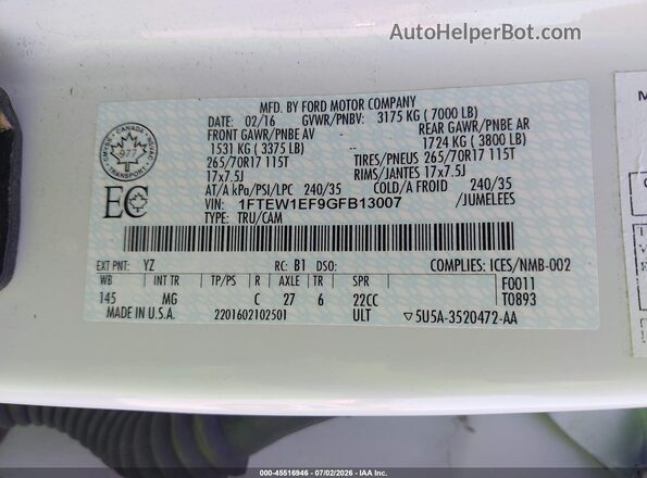 1FTEW1EF9GFB13007 2016 FORD F150 Белый Вид подкапотного пространства