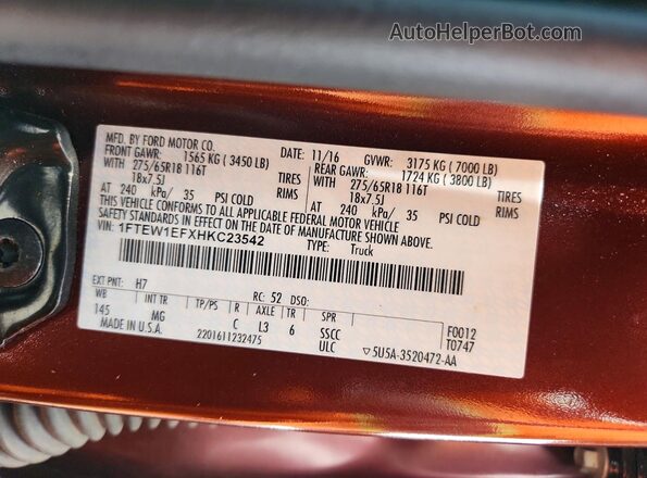 1FTEW1EFXHKC23542 2017 FORD F150 Red Շարժիչի բաժամունքի տեսք