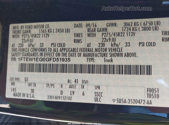 1FTEW1EG0GFD51935 2016 FORD F150 Black ძრავის განყოფილების ხედი