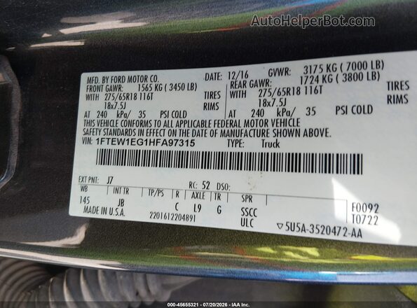 1FTEW1EG1HFA97315 2017 FORD F150 Серый Вид подкапотного пространства
