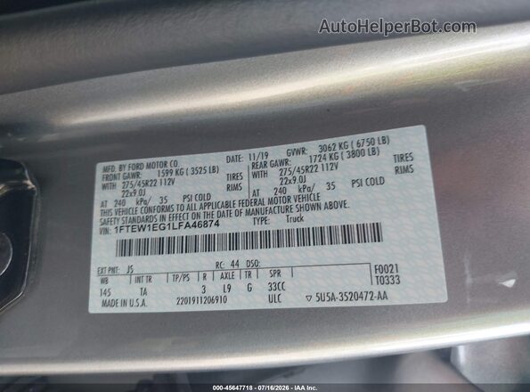 1FTEW1EG1LFA46874 2020 FORD F150 Silver Vista del compartimento del motor
