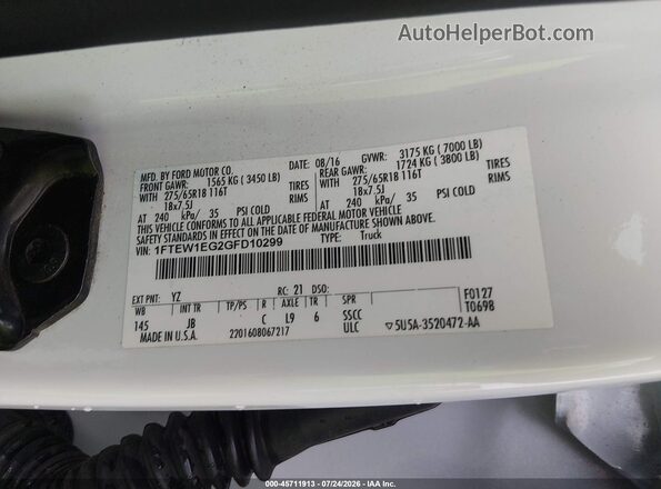 1FTEW1EG2GFD10299 2016 FORD F150 White Շարժիչի բաժամունքի տեսք