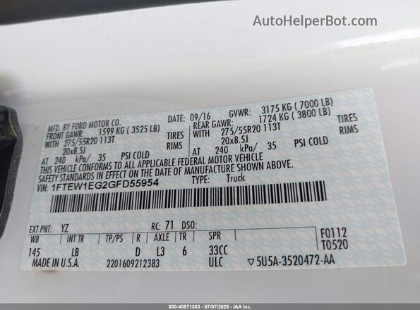 1FTEW1EG2GFD55954 2016 FORD F150 White Widok komory silnika