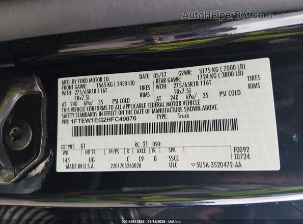 1FTEW1EG2HFC49876 2017 FORD F150 Black Вид підкапотного простору