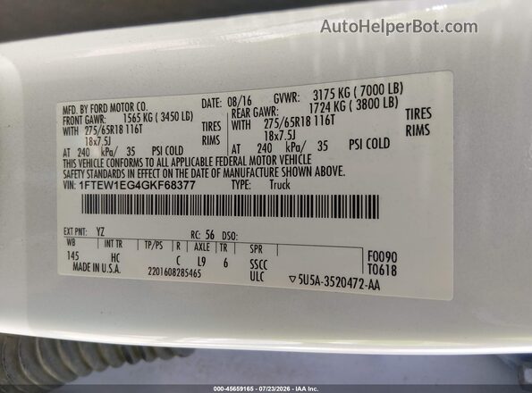 1FTEW1EG4GKF68377 2016 FORD F150 Белый Вид подкапотного пространства