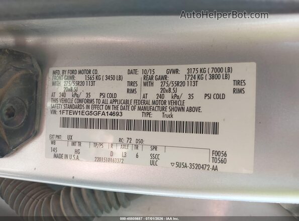 1FTEW1EG5GFA14693 2016 FORD F150 Silver Widok komory silnika