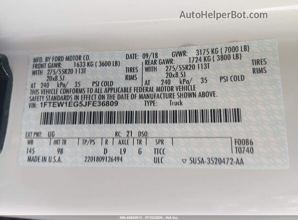 1FTEW1EG5JFE36809 2018 FORD F150 White Vista del compartimento del motor