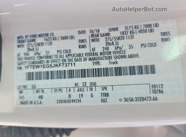 1FTEW1EG5JKF73711 2018 FORD F150 White ძრავის განყოფილების ხედი