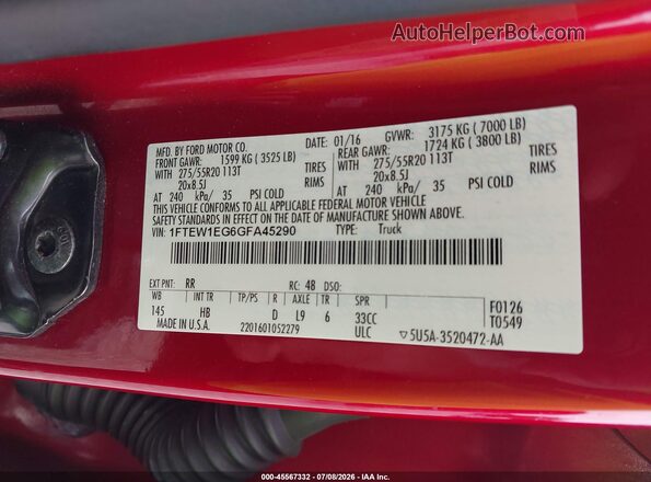 1FTEW1EG6GFA45290 2016 FORD F150 Red Vista del compartimento del motor