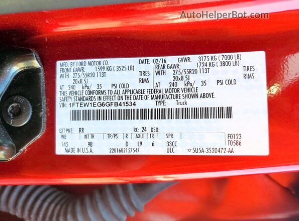 1FTEW1EG6GFB41534 2016 FORD F150 Красный Вид наклейки с VIN-кодом