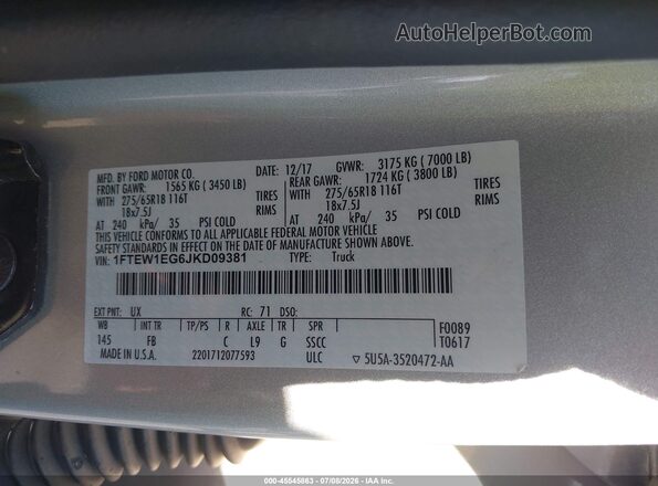 1FTEW1EG6JKD09381 2018 FORD F150 Silver Widok komory silnika