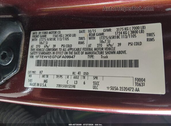 1FTEW1EG7GFA09947 2016 FORD F150 Burgundy Вид підкапотного простору