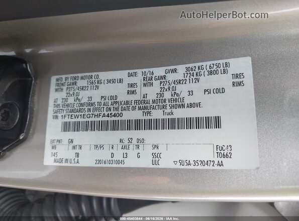 1FTEW1EG7HFA45400 2017 FORD F150 Gold ძრავის განყოფილების ხედი
