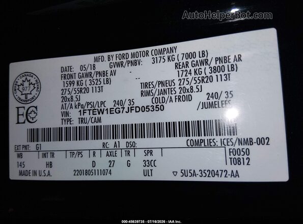1FTEW1EG7JFD05350 2018 FORD F150 Черный Вид подкапотного пространства