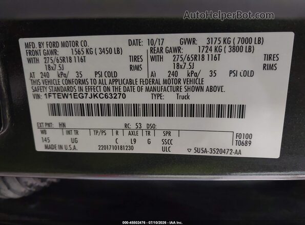 1FTEW1EG7JKC63270 2018 FORD F150 Gray Շարժիչի բաժամունքի տեսք