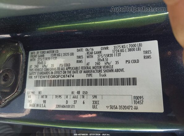 1FTEW1EG8GFC67474 2016 FORD F150 Blue Vista del compartimento del motor