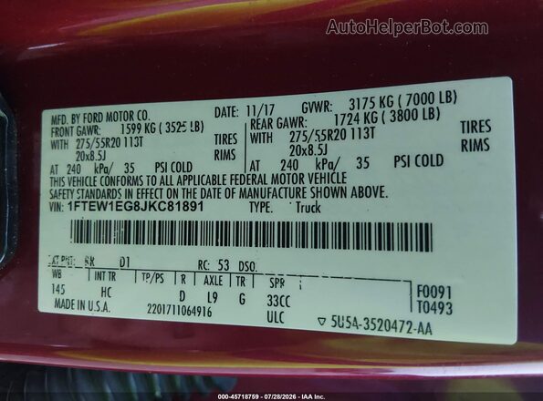 1FTEW1EG8JKC81891 2018 FORD F150 Burgundy Вид підкапотного простору