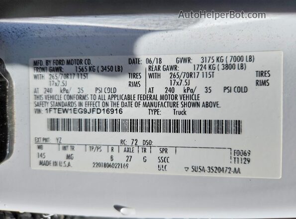 1FTEW1EG9JFD16916 2018 FORD F150 White Вид наклейки з VIN-кодом