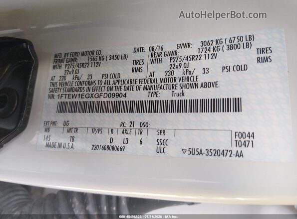 1FTEW1EGXGFD09904 2016 FORD F150 White Շարժիչի բաժամունքի տեսք