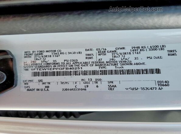 1FTEW1EP0GFB40251 2016 FORD F150 White Widok komory silnika