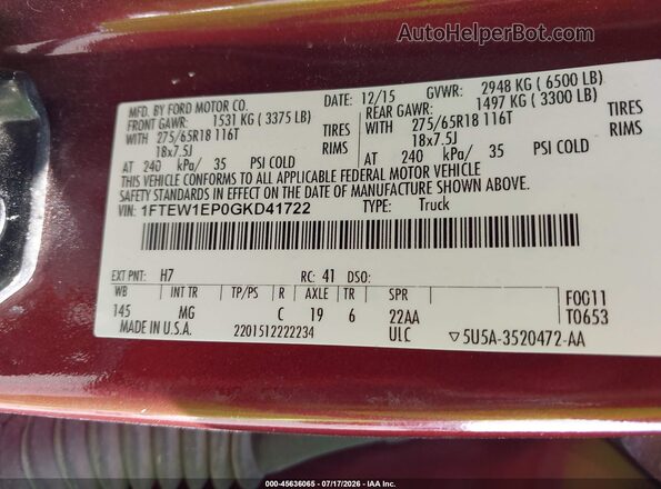 1FTEW1EP0GKD41722 2016 FORD F150 Burgundy Շարժիչի բաժամունքի տեսք