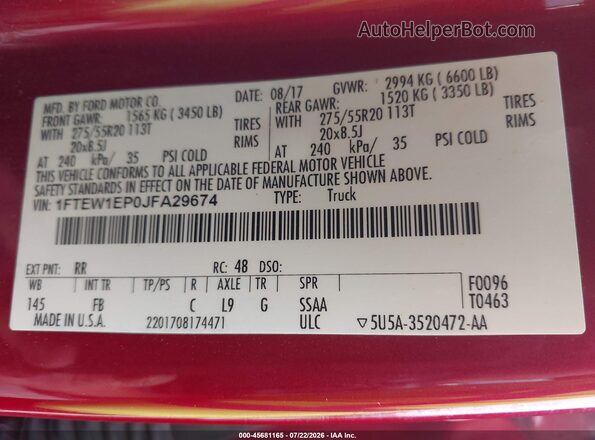 1FTEW1EP0JFA29674 2018 FORD F150 Maroon Widok komory silnika