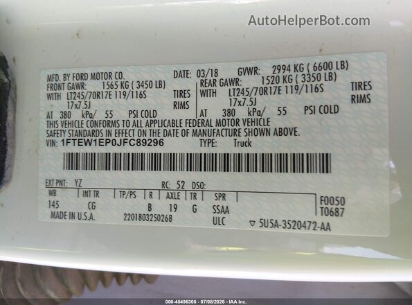 1FTEW1EP0JFC89296 2018 FORD F150 White Շարժիչի բաժամունքի տեսք