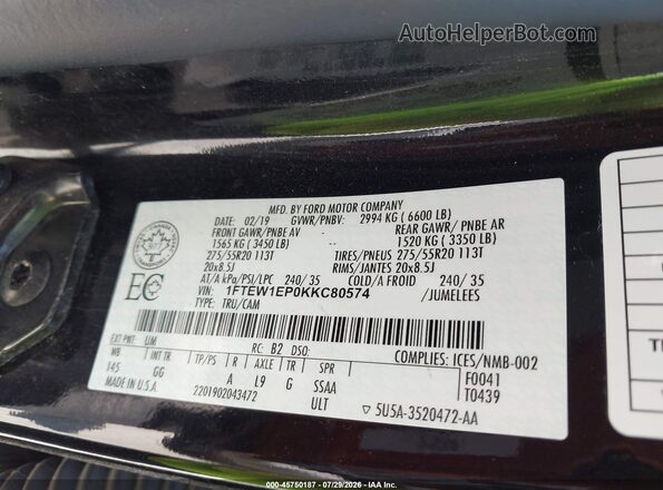 1FTEW1EP0KKC80574 2019 FORD F150 Black Vista del compartimento del motor