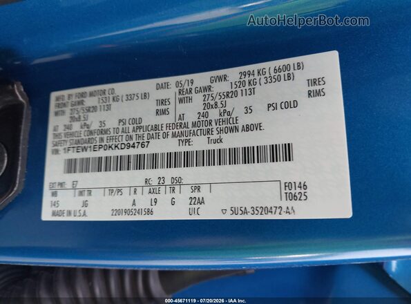 1FTEW1EP0KKD94767 2019 FORD F150 Blue Vista del compartimento del motor