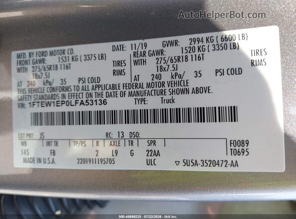 1FTEW1EP0LFA53136 2020 FORD F150 Silver Вид підкапотного простору