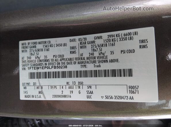 1FTEW1EP0LFB50238 2020 FORD F150 Brown ძრავის განყოფილების ხედი