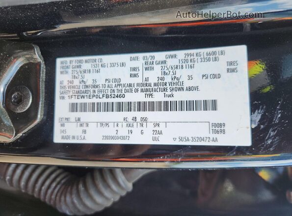 1FTEW1EP0LFB52460 2020 FORD F150 Black VIN კოდის სტიკერის ხედი
