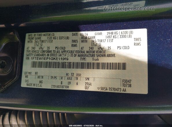 1FTEW1EP1GKE11969 2016 FORD F150 Синий Вид подкапотного пространства