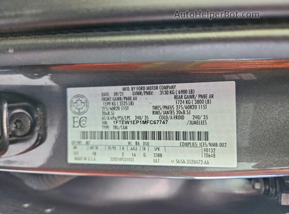 1FTEW1EP1MFC67747 2021 FORD F150 Gray Вид підкапотного простору