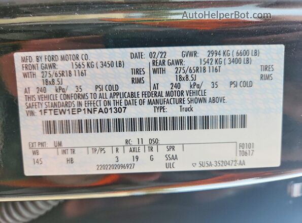 1FTEW1EP1NFA01307 2022 FORD F150 Black VIN sticker view