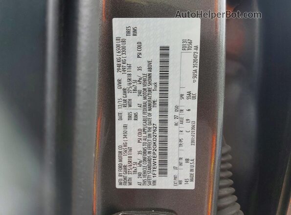 1FTEW1EP2GKD27627 2016 FORD F150 Gray Widok naklejki z numerem VIN
