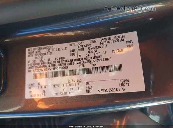 1FTEW1EP2HFC49005 2017 FORD F150 Gray Շարժիչի բաժամունքի տեսք