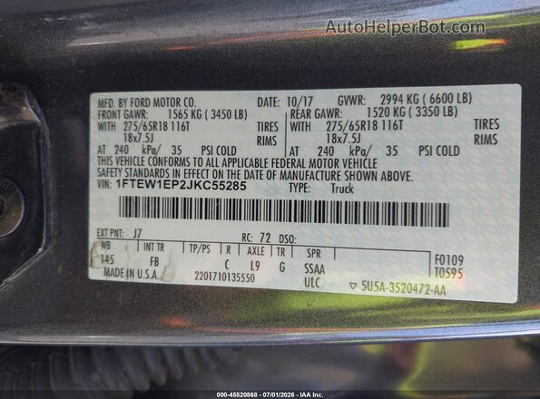 1FTEW1EP2JKC55285 2018 FORD F150 Gray ძრავის განყოფილების ხედი